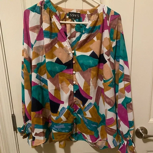 SSYS Multicolor Abstract Print Long-Sleeve Blouse in Teal & Magenta Size M - Picture 1 of 4